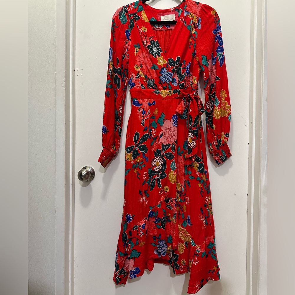 Anthropologie Boswell Textured Wrap Red Floral Long Sleeve Dress Sz 4 - Picture 3 of 10